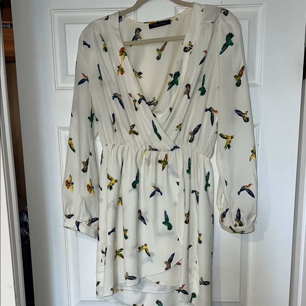 Honey Punch Cream Wrap Dress with Multicolored Bird Print